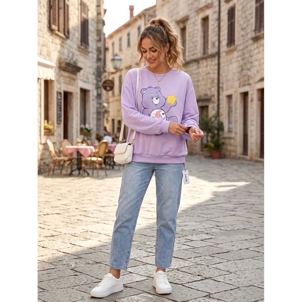 SHEIN X Care Bears Lavender Purple Share Bear Graphic Sweatshirt Medium M